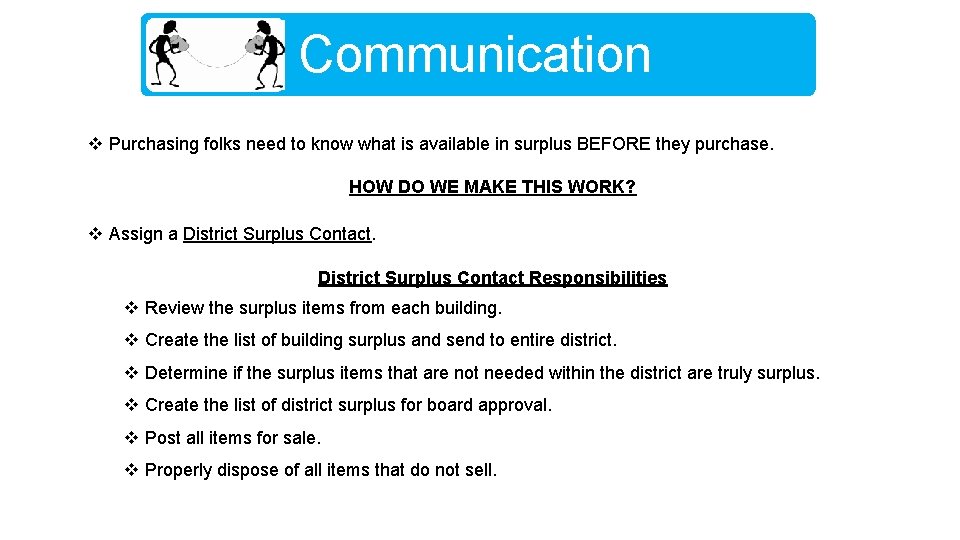 Communication v Purchasing folks need to know what is available in surplus BEFORE they