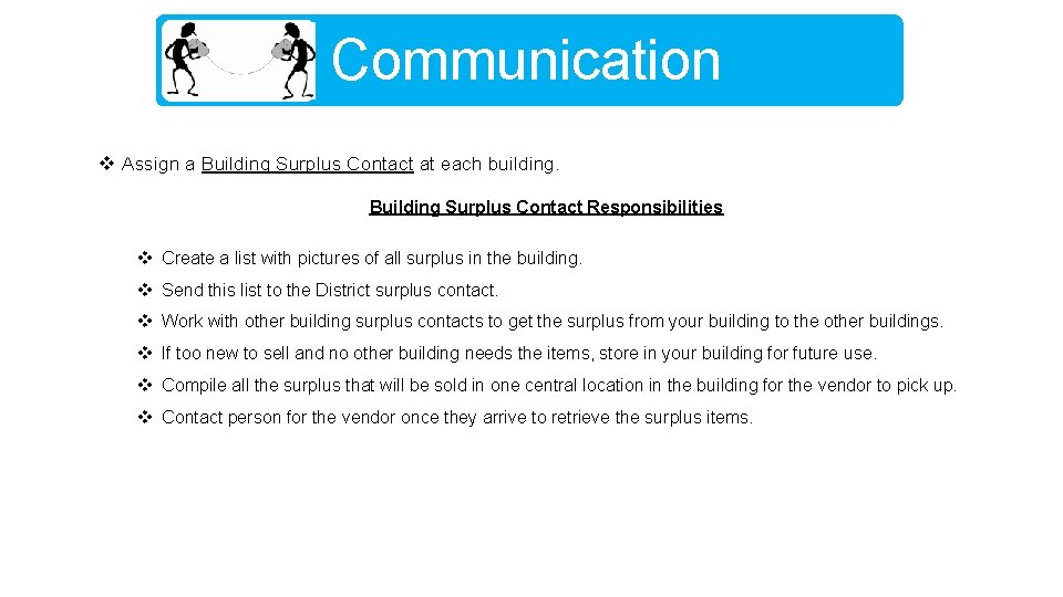 Communication v Assign a Building Surplus Contact at each building. Building Surplus Contact Responsibilities