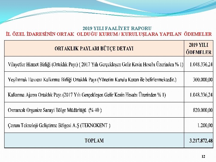 2019 YILI FAALİYET RAPORU İL ÖZEL İDARESİNİN ORTAK OLDUĞU KURUM / KURULUŞLARA YAPILAN ÖDEMELER