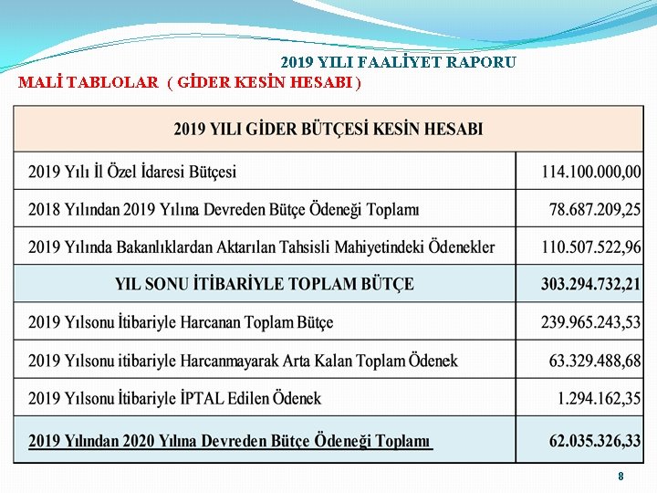 2019 YILI FAALİYET RAPORU MALİ TABLOLAR ( GİDER KESİN HESABI ) 8 