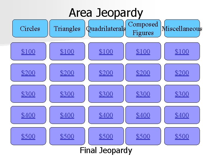 Area Jeopardy Circles Composed Triangles Quadrilaterals Miscellaneous