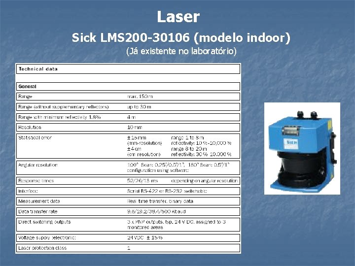 Laser Sick LMS 200 -30106 (modelo indoor) (Já existente no laboratório) 