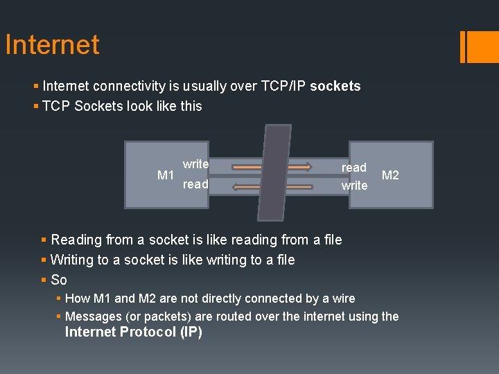 Internet § Internet connectivity is usually over TCP/IP sockets § TCP Sockets look like