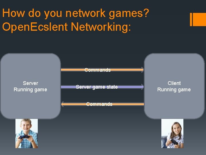 How do you network games? Open. Ecslent Networking: Commands Server Running game Server game