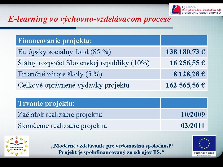 E-learning vo výchovno-vzdelávacom procese Financovanie projektu: Európsky sociálny fond (85 %) Štátny rozpočet Slovenskej