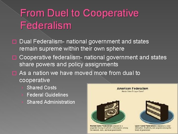 From Duel to Cooperative Federalism Dual Federalism- national government and states remain supreme within
