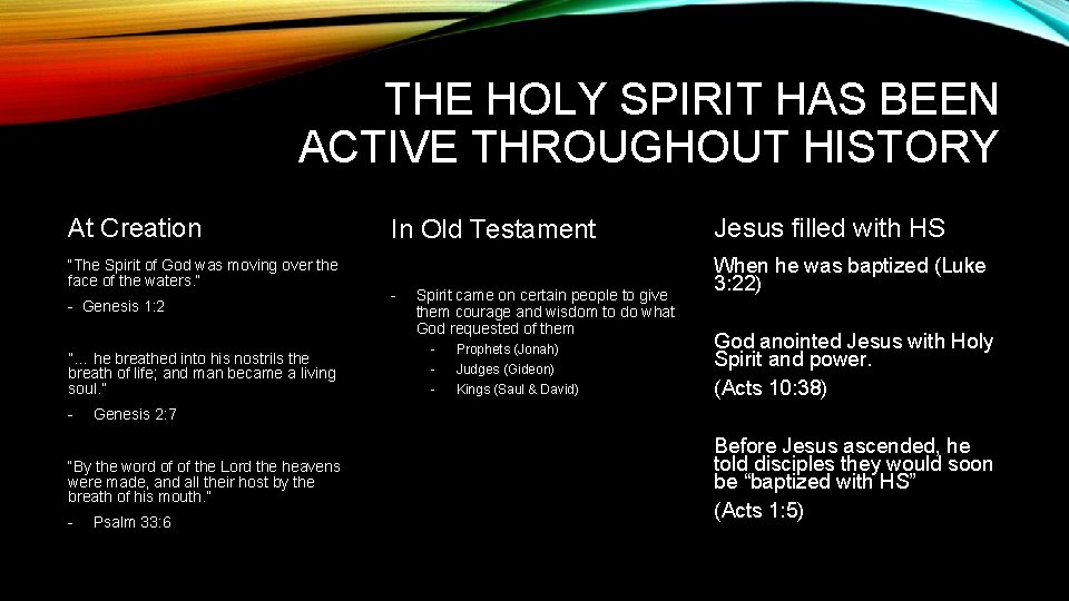 THE HOLY SPIRIT HAS BEEN ACTIVE THROUGHOUT HISTORY At Creation “The Spirit of God