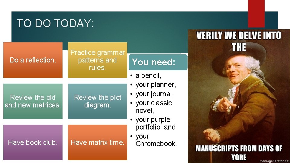 TO DO TODAY: Do a reflection. Review the old and new matrices. Have book