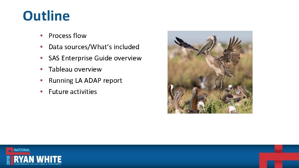 Outline • • • Process flow Data sources/What’s included SAS Enterprise Guide overview Tableau