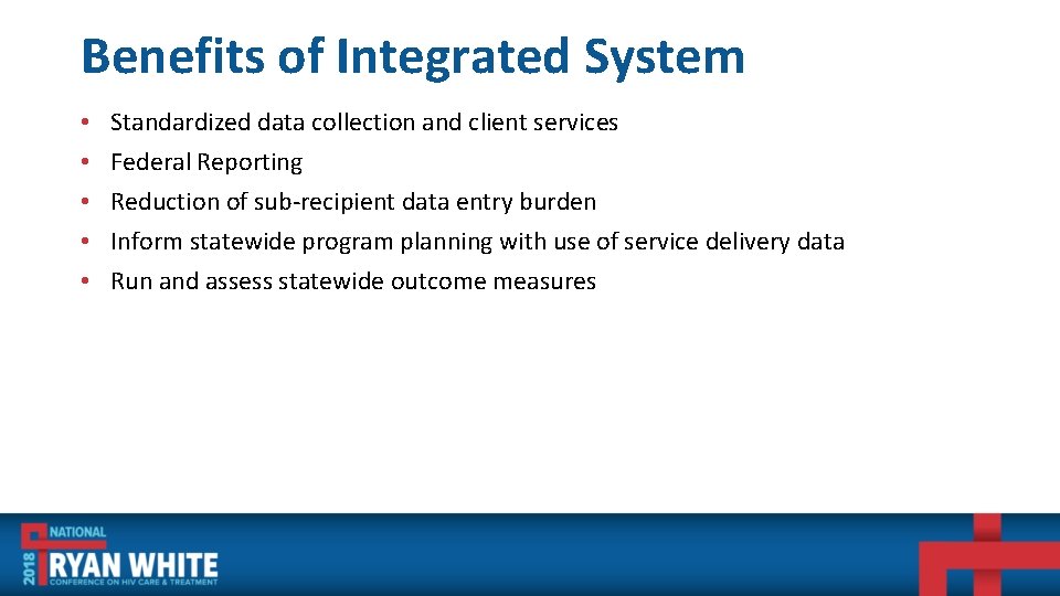 Benefits of Integrated System • • • Standardized data collection and client services Federal