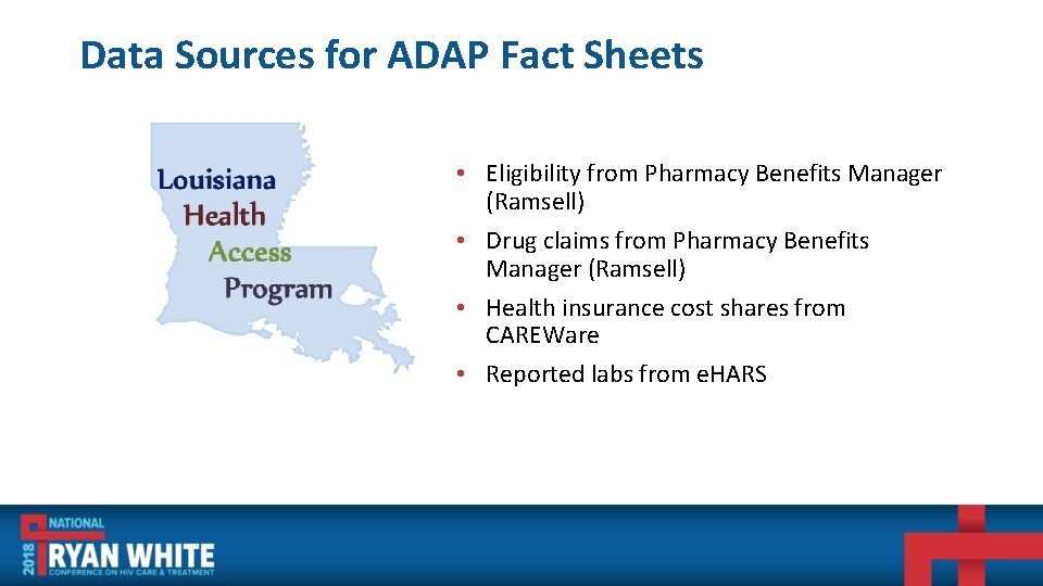 Data Sources for ADAP Fact Sheets • Eligibility from Pharmacy Benefits Manager (Ramsell) •