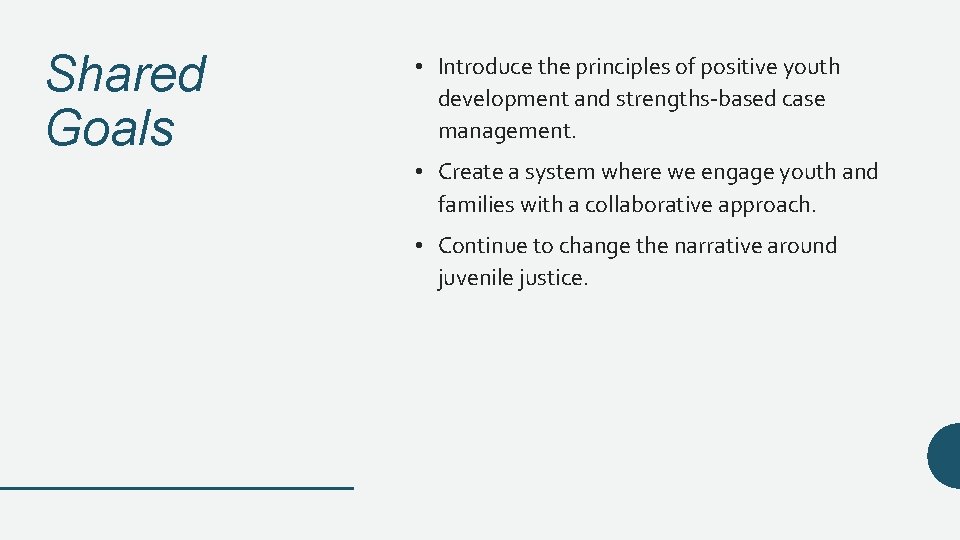 Shared Goals • Introduce the principles of positive youth development and strengths-based case management.