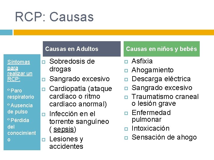 RCP: Causas en Adultos Síntomas para realizar un RCP: º Paro respiratorio º Ausencia