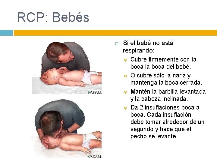 RCP: Bebés Si el bebé no está respirando: Cubre firmemente con la boca del