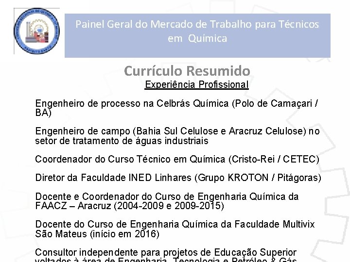 Painel Geral do Mercado de Trabalho para Técnicos em Química Currículo Resumido Experiência Profissional