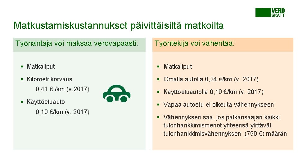 Matkustamiskustannukset päivittäisiltä matkoilta Työnantaja voi maksaa verovapaasti: Työntekijä voi vähentää: § Matkaliput § Kilometrikorvaus