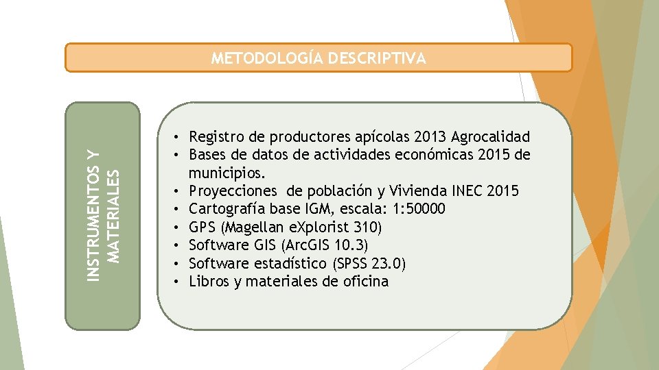 INSTRUMENTOS Y MATERIALES METODOLOGÍA DESCRIPTIVA • Registro de productores apícolas 2013 Agrocalidad • Bases