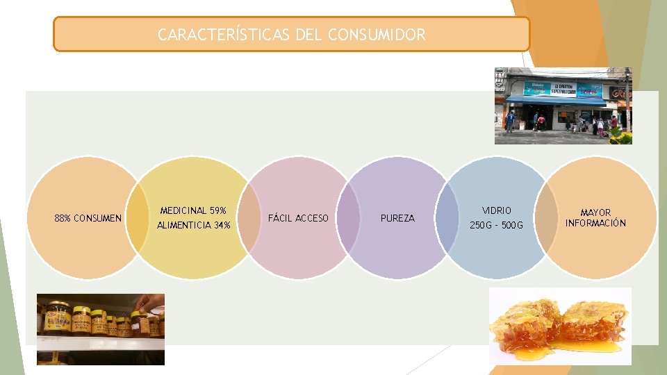 CARACTERÍSTICAS DEL CONSUMIDOR 88% CONSUMEN MEDICINAL 59% ALIMENTICIA 34% FÁCIL ACCESO PUREZA VIDRIO 250