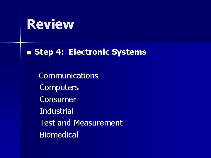 Review n Step 4: Electronic Systems Communications Computers Consumer Industrial Test and Measurement Biomedical