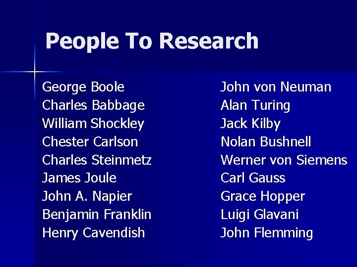 People To Research George Boole Charles Babbage William Shockley Chester Carlson Charles Steinmetz James