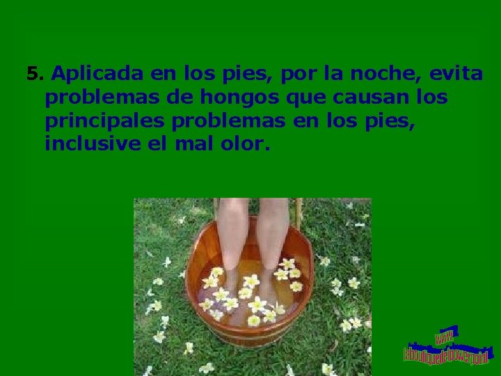 5. Aplicada en los pies, por la noche, evita problemas de hongos que causan