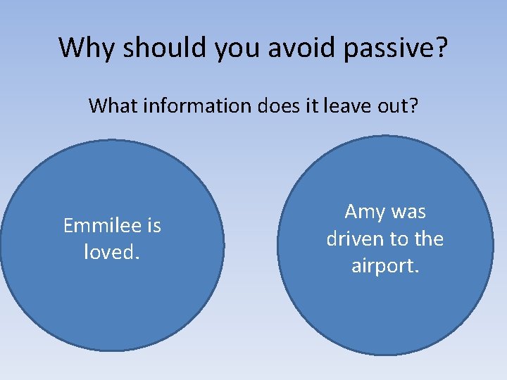 Why should you avoid passive? What information does it leave out? Emmilee is loved.