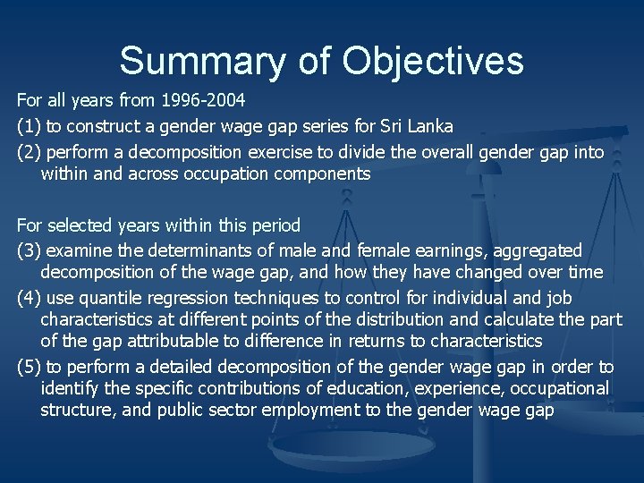 Summary of Objectives For all years from 1996 -2004 (1) to construct a gender