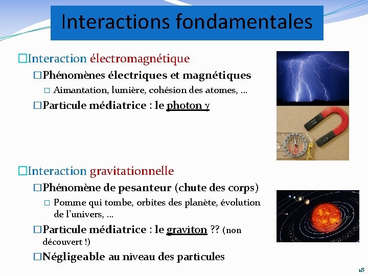 Interactions fondamentales �Interaction électromagnétique �Phénomènes électriques et magnétiques � Aimantation, lumière, cohésion des atomes,