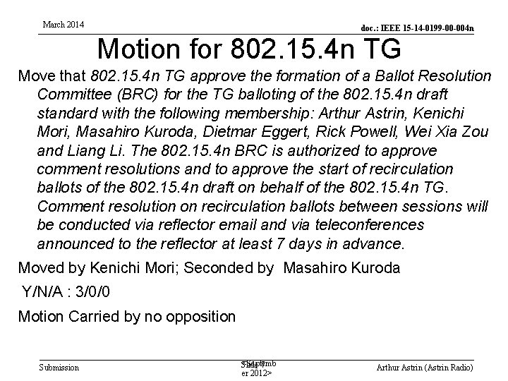 March 2014 doc. : IEEE 15 -14 -0199 -00 -004 n Motion for 802.