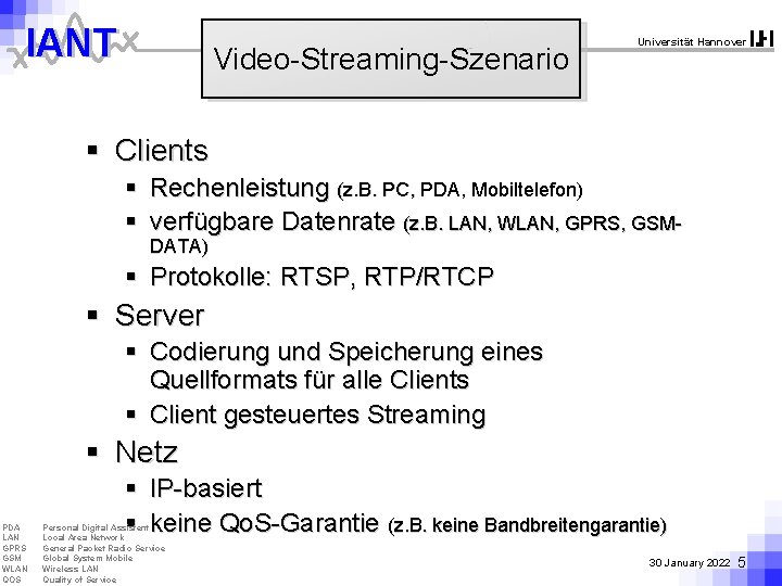 IANT Video-Streaming-Szenario Universität Hannover § Clients § Rechenleistung (z. B. PC, PDA, Mobiltelefon) §