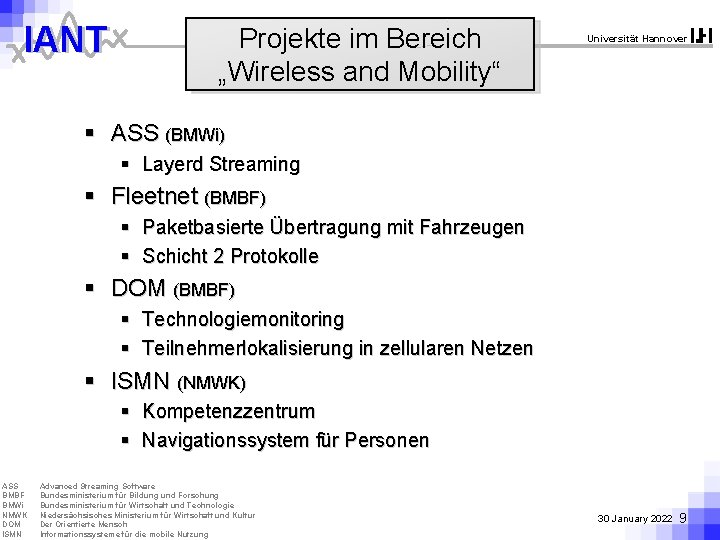 IANT Projekte im Bereich „Wireless and Mobility“ Universität Hannover § ASS (BMWi) § Layerd