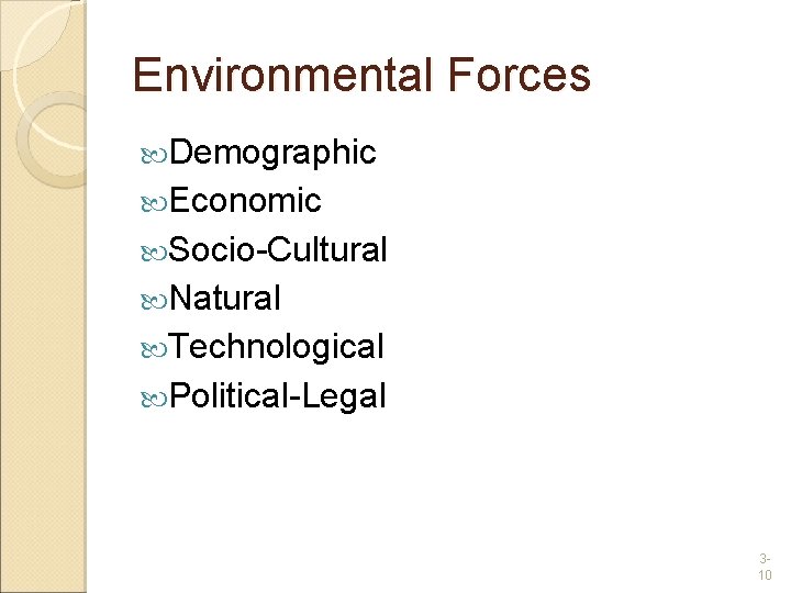 Environmental Forces Demographic Economic Socio-Cultural Natural Technological Political-Legal 310 