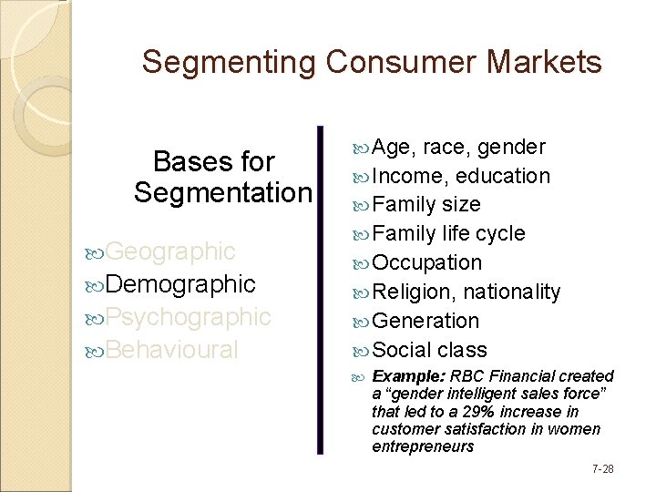 Segmenting Consumer Markets Bases for Segmentation Geographic Demographic Psychographic Behavioural Age, race, gender Income,