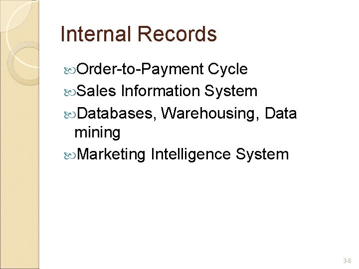 Internal Records Order-to-Payment Cycle Sales Information System Databases, Warehousing, Data mining Marketing Intelligence System