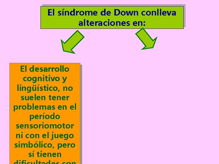 El síndrome de Down conlleva alteraciones en: El desarrollo perceptivo cognitivo yy lingüístico, motor,