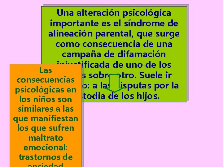 Una alteración psicológica importante es el síndrome de alineación parental, parental que surge como