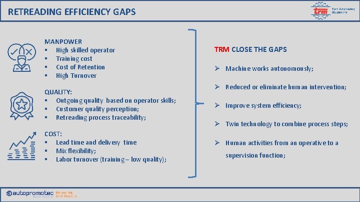 RETREADING EFFICIENCY GAPS MANPOWER § High skilled operator § Training cost § Cost of