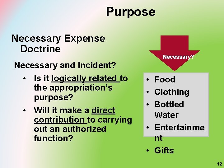 Purpose Necessary Expense Doctrine Necessary? Necessary and Incident? • Is it logically related to