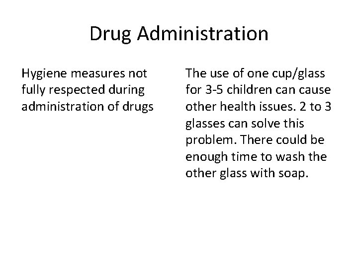 Drug Administration Hygiene measures not fully respected during administration of drugs The use of