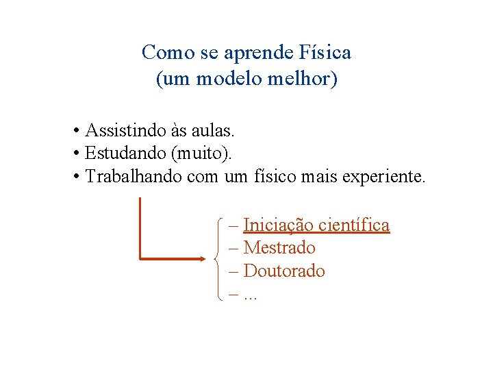 Como se aprende Física (um modelo melhor) • Assistindo às aulas. • Estudando (muito).