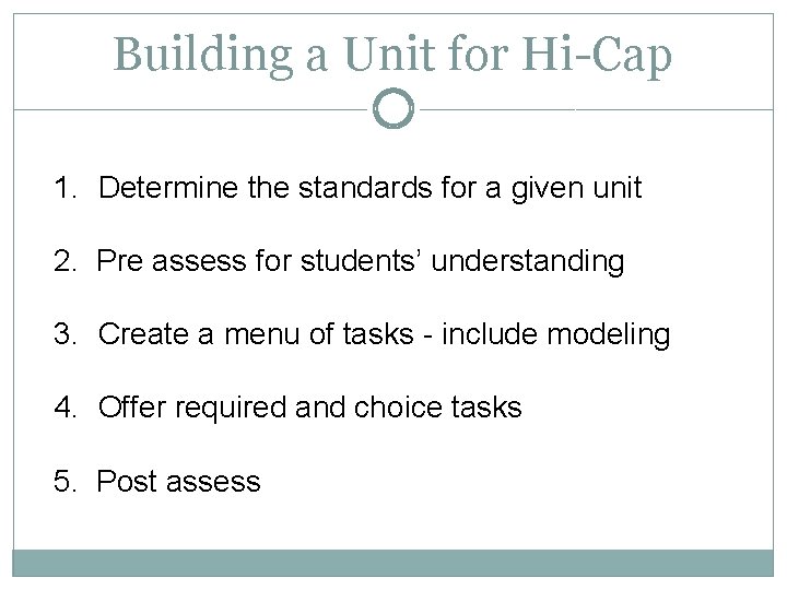 Building a Unit for Hi-Cap 1. Determine the standards for a given unit 2.