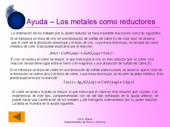 Ayuda – Los metales como reductores La ordenación de los metales por su poder