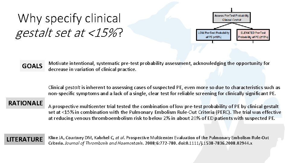 Why specify clinical gestalt set at <15% ? GOALS Motivate intentional, systematic pre-test probability