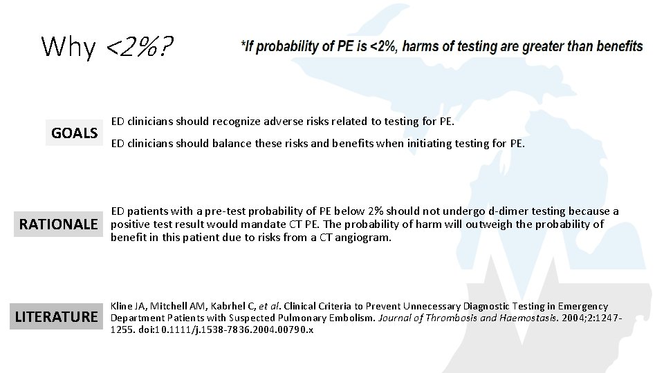 Why <2%? GOALS ED clinicians should recognize adverse risks related to testing for PE.