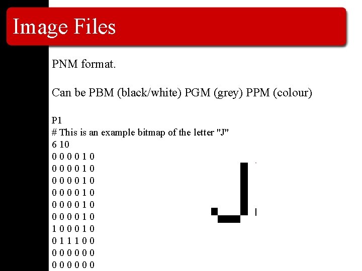 Image Files PNM format. Can be PBM (black/white) PGM (grey) PPM (colour) P 1