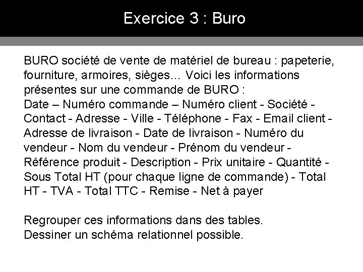 Exercice 3 : Buro BURO société de vente de matériel de bureau : papeterie,