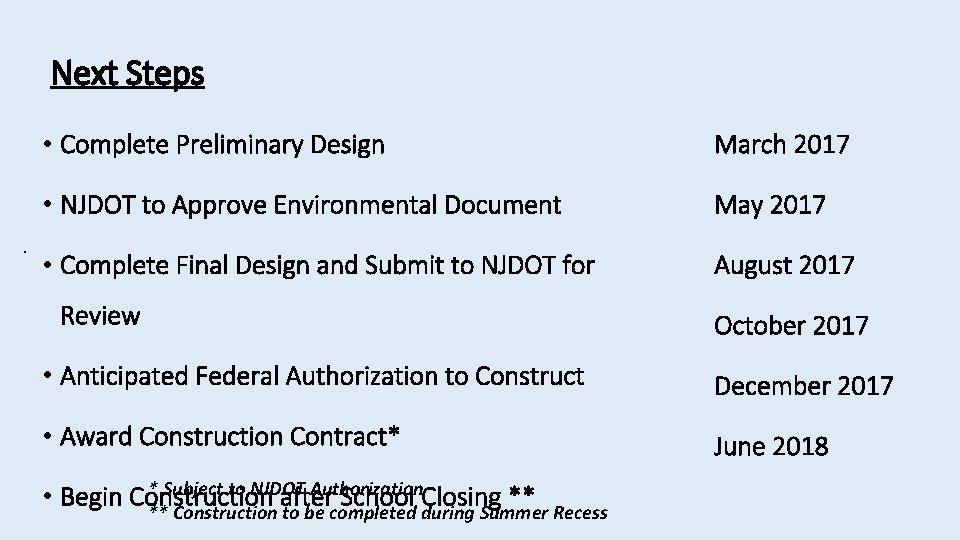 Next Steps . • Complete Preliminary Design March 2017 • NJDOT to Approve Environmental