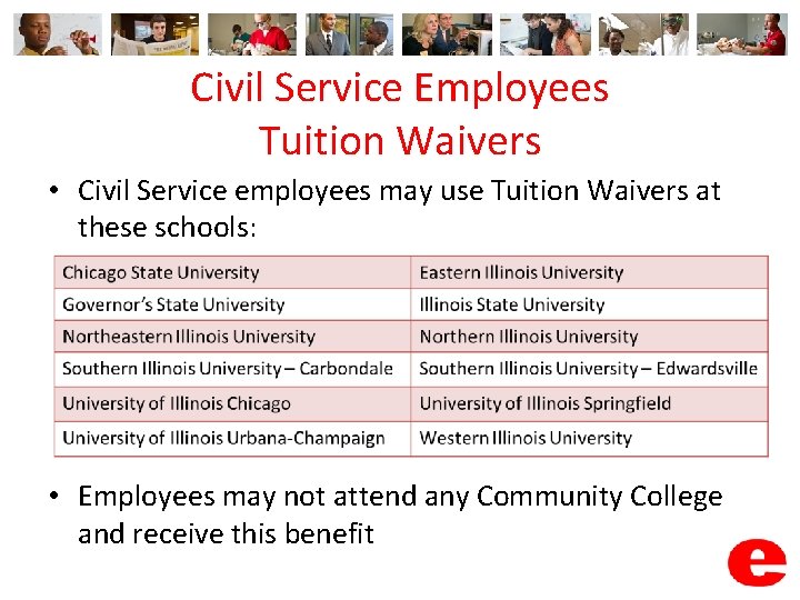 Civil Service Employees Tuition Waivers • Civil Service employees may use Tuition Waivers at