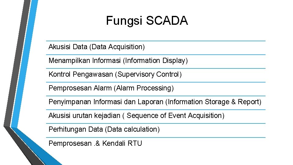 Fungsi SCADA Akusisi Data (Data Acquisition) Menampilkan Informasi (Information Display) Kontrol Pengawasan (Supervisory Control)