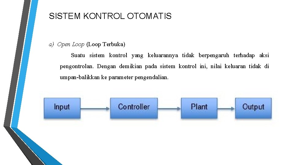 SISTEM KONTROL OTOMATIS a) Open Loop (Loop Terbuka) Suatu sistem kontrol yang keluarannya tidak